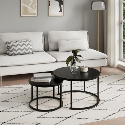 Home Collective Couchtisch 2er Set rund aus Holz, Wohnzimmertisch Modern, Beistelltisch Set 2 in 1 mit Metallgestell für Wohnzimmer Büro Beistelltisch Loft Design Twin | Schwarz