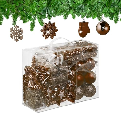 Relaxdays Weihnachtskugeln 100er Set, glitzernd, matt & glänzend, Baumschmuck, Kunststoff, Verschiedene Designs, braun