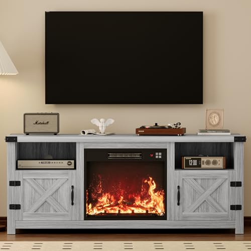 YESHOMY Soporte de TV para chimenea con puertas de granero y estante de exhibición abierto, consola multimedia de granja con enrutamiento de cable oculto, centro de entretenimiento para televisores de