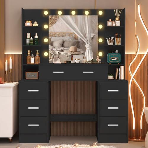 Saimeihome Tavolo da toeletta con illuminazione e specchio, nero tavolo per cosmetici con 7 cassetti 8 scomparti, tavolo da trucco per camera da letto 110 x 40 x 140 cm