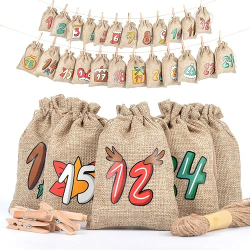 Adventskalender zum Selber Befüllen, 24 Stück Countdown Weihnachtskalender 2025 Jutesäckchen Selbstbefüllen Aufhängen, Weihnachtsdeko Säckchen Tüten DIY Adventskalender Basteln (Braun)