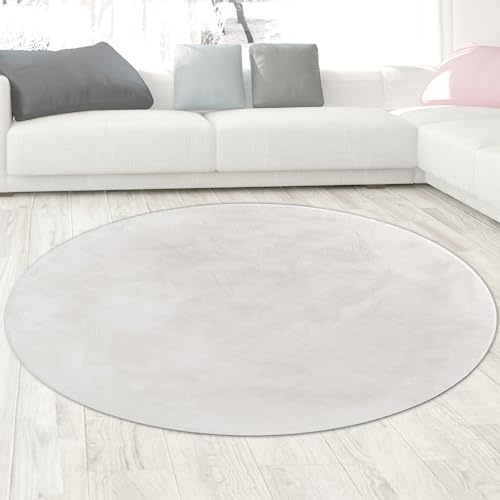CARPETIA Teppich Wohn- und Schlafbereich Teppich modern Kurzflor Felloptik samtweich angenehm mit leichtem Glanz pflegeleicht modern einfarbig weiß 200 cm rund
