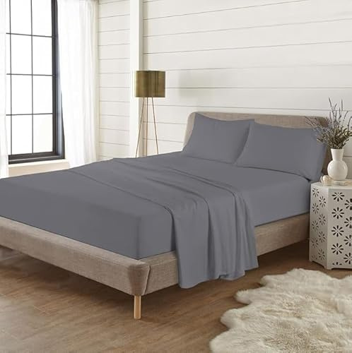 London Dream 4pc Flannelette Sheets Set (Fitted Sheet + Top Flat Sheet + Pillow Cases Pair) 100% Brushed Cotton Flannel Bed Sheet Sets (Grey, Double)