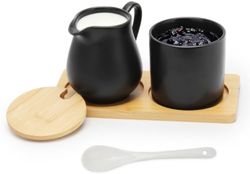 CEWROM Mjölk- och sockerset med lock och sked, mjölkkanna keramik och sockerskål med träbricka, gräddkanna mjölkbehållare, diskmaskiner och mikrovågsugnssäker (svart)