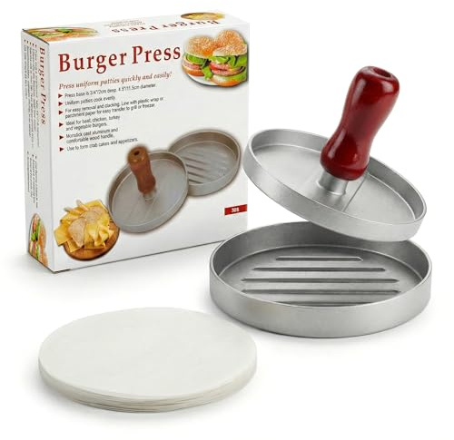 Barpre Burger Press 1/4lb-1/2lb Adjustable - Heavy Duty Zinc-Aluminium Hamburger Patty Maker Mould with 100 Wax Papers - Zero-Coating Meat Press with Heat-Safe Red Wooden Handle for BBQ Grilling