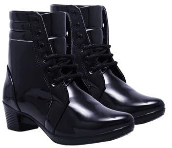 Shoetopia Botines de charol para mujer, elegantes botas de tacón de bloque con cierre de cordones para calzado casual y de fiesta, negro, 6 UK