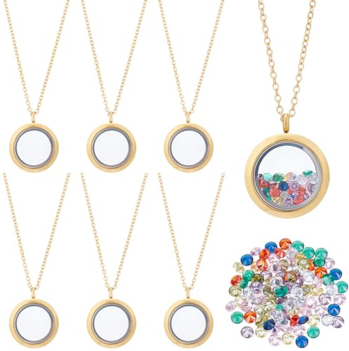 SOFPLATE 1 Schachtel Mit 6 Edelstahl Medaillon Anhängern Goldfarben Schwebendes Erinnerungsmedaillon Flach Rund Geburtsstein Poliert Andenken Lebendiges Foto Anhänger Halskette Für Damen Freundschafts