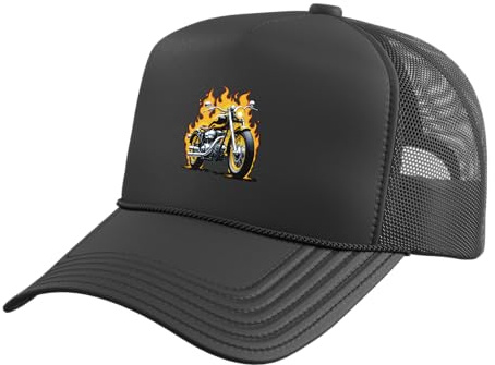 Cool Motorbike Burning Flames Motorcycle Rider Men Women Trucker Hat with Adjustable Mesh Back, Black
