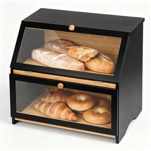Panera de Bambú de 2 Niveles con Ventana Visible, Negra | Caja Grande para Almacenar pan y Tostadas, Botellas de Verduras y Especias del Gabinete de Pan, 39 x 25 x 32 cm