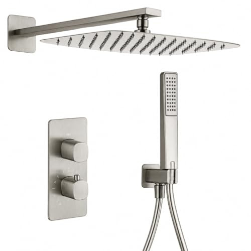 IMEX Toscana Conjunto Ducha Empotrada Termostática 2 Vías con Rociador | Efecto lluvia 25×40 cm, latón y acero inoxidable S304 con sistema antical y temperatura constante para mayor confort.