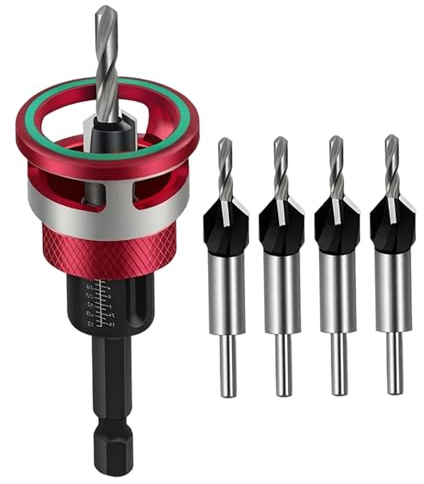 Juego de 4 brocas avellanadoras con tope de profundidad ajustable de cuatro ranuras para trabajos de carpintería con tornillos ocultos - Rojo