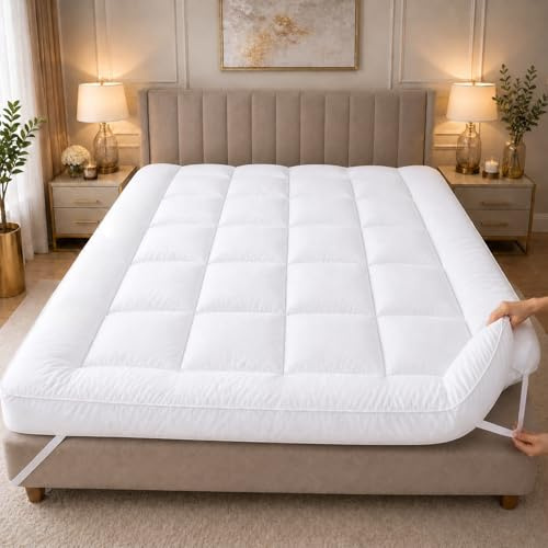Extra Thick Mattress Topper 10cm/4-Inch King Size | Breathable & Hotel Quality Box Stitch Microfibre Quilted Mattress Topper with Hollowfibre Fill | Easy Fit Straps & 1100GSM (King, 152x200cm)
