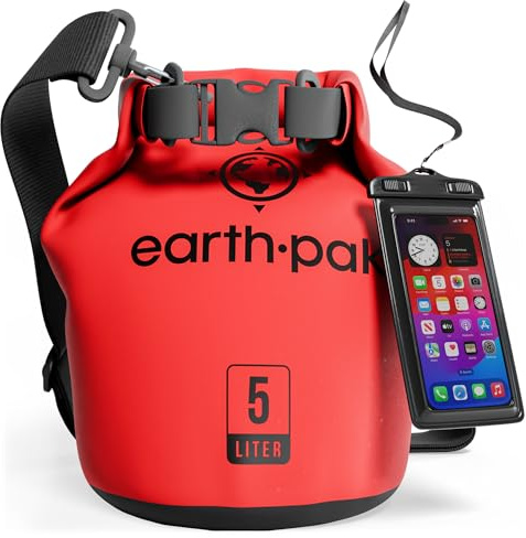 Earth Pak – Wasserdichter Packsack mit Schultergurt und wasserfester Handyhülle – Ideale Rolltop Tasche beim Kajak Fahren, Wandern, Camping, Angeln, Bootfahren und Rafting