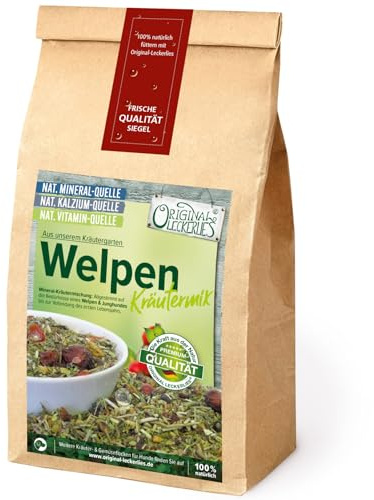 ORIGINAL LECKERLIES® Welpen-Kräutermix Basic, 250g Hundekräuter, Kräuter für Welpen, Junghunde, Junge Hunde, Hundefutter-Naturprodukt, barfen, Kräutermischung mit wertvollen Hagebutten.