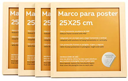 Nacnic ENSEMBLE de 4 cadres de couleur noyer pour les photos. Taille 25 x 25 cm. Façade robuste en MDF et plexiglas Cadres en bois de noyer à suspendre ou à poser verticalement ou horizontalement.