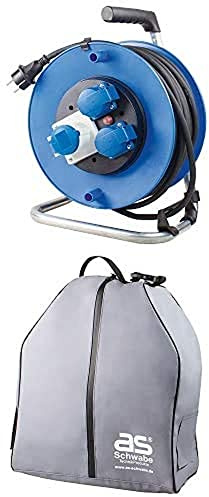 as - Schwabe Camping Camping-Kabeltrommel 25m – 230 V / 16 A mit 2 Schutzkontakt-Steckdosen + 1 CEE-Steckdose 3 polig, IP44, Made in Germany I 10173 + Allwettertaugliche Schutz-Tasche – Grau I 12279