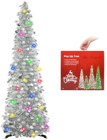 N&T NIETING Arbol de Navidad, 5ft Plegable Pop Up Árbol de Navidad Oropel Costera Árbol de Navidad para Las Vacaciones de Navidad Decoraciones, Home Display, Decoración de la Oficina | Árbol de Navidad Pop Up con lentejuelas, decoración artificial para Navidad, suministros de fiesta, decoración del hogar