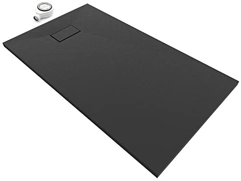 Moments of Glass Plato de ducha SMC Boreal 140x80 cm, Negro RAL 7021 – Antiderrapante, Textura Pizarra, Antibacteriano, Resistente a agentes químicos – Incluye válvula y rejilla