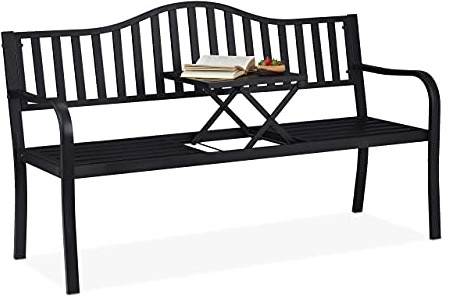 Relaxdays Trädgårdsbänk med hopfällbart bord, 3 platser, hållbar, i stål, H 89 x L 150 x B 58,5 cm, Svart