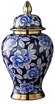 Slow time Chinesischer Ingwer Blaue und weiße Porzellan-Keramik- und Messing-dekoratives Glas, dekoratives Tempelglas mit Deckel, Blumenvase (Größe : Klein)