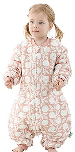 Chilsuessy Baby Winter Schlafsack mit Füßen, 100% Bio Baumwolle mit Naturfasern, 2.5 Tog Ganzjahres Kinder Schlafsack mit Beinen,abnehmbar Ärmel, Rosa Pflanze, XXL/Baby Höhe 110-120cm
