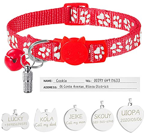 Uiopa Katzenhalsband mit Sicherheitsverschluss + Hundemarke mit Gravur + Adressanhänger, Hundehalsband mit Name & Glöckchen, Verstellbar Halsband für Katze und Hund (Rot)
