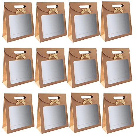 12 Stück Braune Papiertüten，Geschenktüte mit Griff，Geschenktüte mit Fenster, zum Verpacken von Bankett Geschenken, Süßigkeiten, Keksen, Mittlere Größe