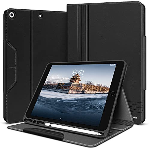 HOLIMET Hülle für iPad 9./8./7. Generation (2021/2020/2019) Mit Stifthalter, PU-Leder Case TPU Rückseite Abdeckung Schutzhülle Stoßfest, Auto Schlafen/Wachen für 10.2 Zoll - Schwarz