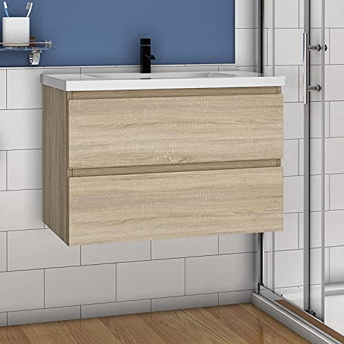 Aica Sanitär Waschtisch mit Unterschrank 100 cm Badmöbel Set Waschbecken mit Unterschrank Eiche Matt Softclose