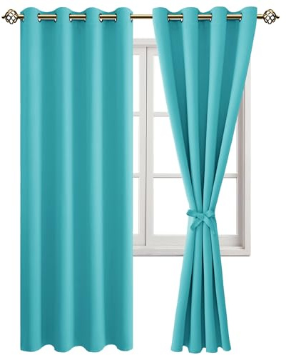 JIUZHEN Blickdicht Vorhänge Gardinen Ösenvorhang für Schlafzimmer Wohnzimmer, Verdunkelungsvorhang mit Vorhang-Krawatten, Türkis, 2 Stück, 215x140cm(HxB)
