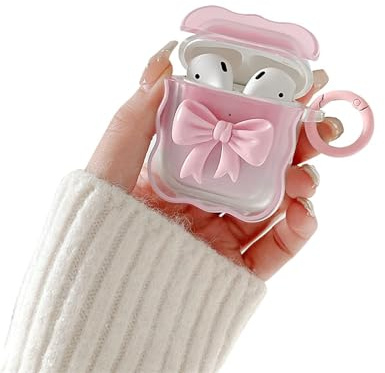 Ownest Cover per AirPods 2&1, Morbido in TPU Trasparente con Grazioso Design a Fiocco Colorato 3D per Ragazze e Donne, Custodia con Motivo a Onda Antiurto con Portachiavi - Rosa