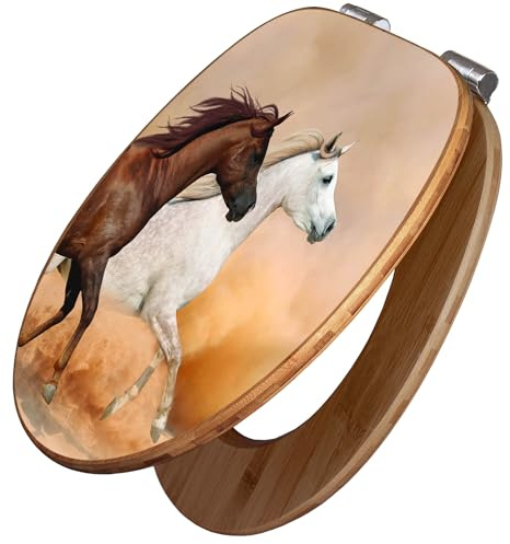 banjado Design WC Sitz Bambus Absenkautomatik 45,8x37,5cm - Toilettendeckel mit Absenkautomatik Holz - hochwertiger Bambus Klodeckel - WC-Sitz für gängigen Toiletten - Motiv Wilde Pferde