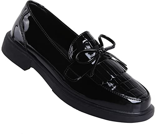 VOCNTVY Penny Loafers for Women Slip On Business Dress Shoes with Tassels Patent Leather Comfort Casual Work Shoes Ladies Flat Black US 8