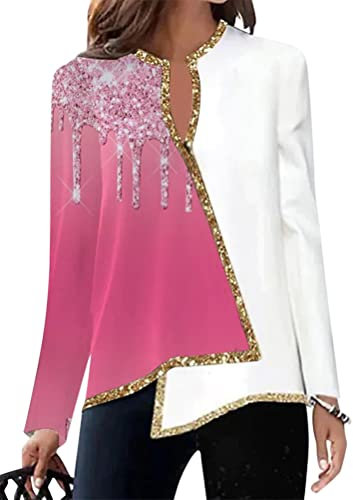 Onsoyours Donna Maglietta Elegante Paillettes Oversize Camicette Camicia Manica Lunga Scollo V Casual Blusa Tops Basic Camicetta T-Shirt Orlo Asimmetrico D Fucsia L
