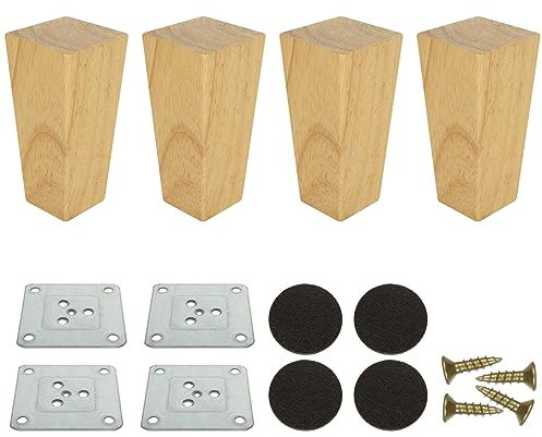 VIDETOL 4 Pack 10cm Wooden Furniture Legs, Nature Solid Wooden Sofa Legs, Replacement Wood Table Leg with Mounting Plate & Screws for Cabinet, Bed, Chair, Sofa, Dresser Table and TV Stand