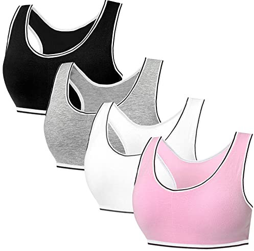 Bysion Mädchen Sport BHS Teens Racerback Unterwäsche mit Abnehmbar Gepolsterte Bralette Top Bustier für 7-12 Jahre Kinder (4er-Pack/4 Satz)