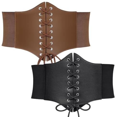 WERFORU 2 Stücke Frauen Tied Waspie Gürtel, Breiter Schnürgürtel für Damen, Korsett elastische Taille Gürtel für Halloween Party