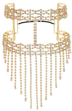 AHANDMAKER Schleier-Kopfbedeckung-Maskenkette, Strass-Quasten-Gesichtsmaske, Kopfschleier, Gesichtskette Für Karneval, Strass-Fransen-Maskerade-Maske, Karnevalskostüme Golden