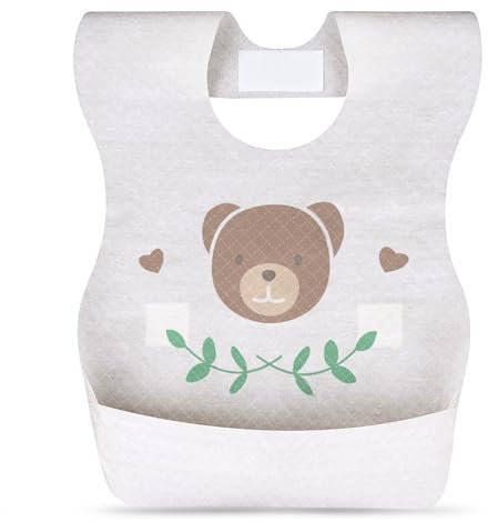 Budding Bear Einweg-Lätzchen Baby (60er-Pack) - Einweg-Latz Baby mit Auffangschale, Verstellbarem Halsausschnitt & Klebestreifen - Auslaufsicher & Saugfähig - Für Reisen, 20,5 x 34,5 cm