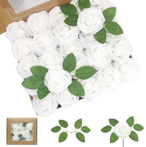 WANTMAZOR Artificial Flowers White Roses 100PCS Real Looking Foam Fake Roses with Leaves and for DIY Wedding Bouquets Bridal Shower Centerpieces Party Decorations (White, 100)