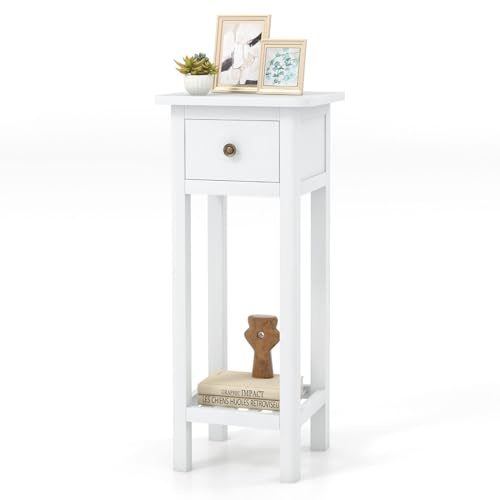 Giantex Narrow End Table with Drawer, Tall Acacia Wood Side Table with Bottom Shelf, Modern Bedside Tables, 2-Tier Nightstand for Small Spaces Bedroom Living Room, No Assemble Required, White