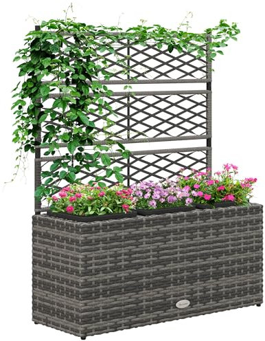 Outsunny Garden Planter with Trellis, Free Standing Flower Raised Bed for Climbing Plants, 33L PE Rattan, 84cm x 30cm x 107cm, Light Grey