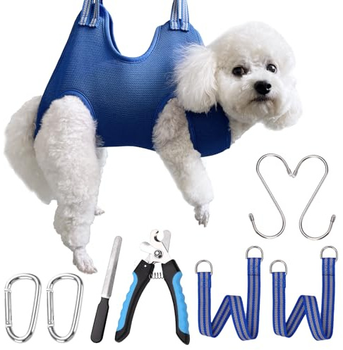 OVTEXZOG Arnés de aseo para perros pequeños, kit de suministros de aseo con hamaca, bolsa de retención colgante y cortaúñas, azul, pequeño