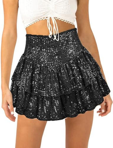 Mini jupes pour femme - Jupe double couche - Taille haute - Jupe évasée à paillettes - Jupe courte fluide à paillettes - Jupe courte pour soirée en boîte de nuit - Short intégré, Noir , 34