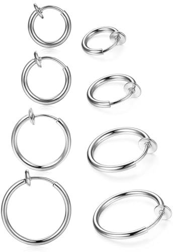 4 Paires Acier Inoxydable Boucles d'oreilles Clips Homme Femme Fille Magnétique Boucle ddPercées Ear Cuff Anneau Petite Boucle doreille Créole Clip Argent