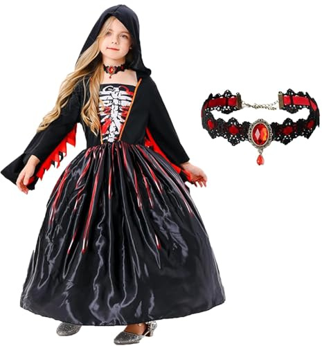 Tosekry Déguisement Halloween Fille Enfant, Costume Sorcière Composé d'une Robe avec Capuche et d'un Collier Gothique (8-10 Ans)