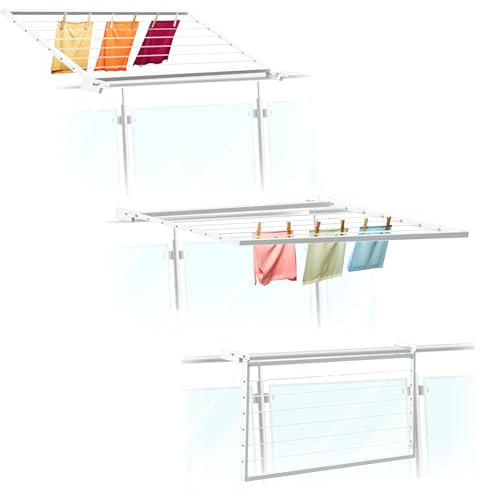 Flo.mar Stendibiancheria da Balcone e Parete 53x120 cm - Stendibiancheria con Kit Incluso per Ringhiera Tonda o Quadra - Stendino da Esterno in Alluminio Tubolare Bianco