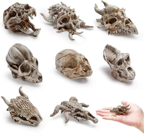 GW Box 8 Pcs 2.3 Inch Animal Skulls Figurine Resin Mini Skulls | Dinosaur Alien skull Animal Skulls Decor Ornament Realistic Skeleton Halloween Propsfor DIY Crafts Home Party Decoration