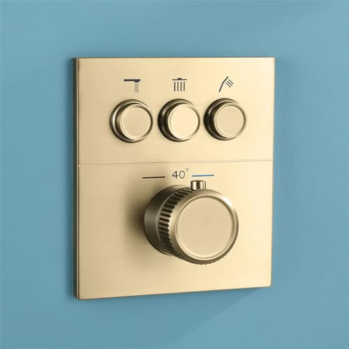 Mischbatterie Dusche Thermostat Unterputz, Mischventil Thermostat 3 Wege Umschaltventil Dusche Messing Duschumstellventil für Regendusche, Alle Funktionen Sind Gleichzeitig Nutzbar(Brushed Gold)
