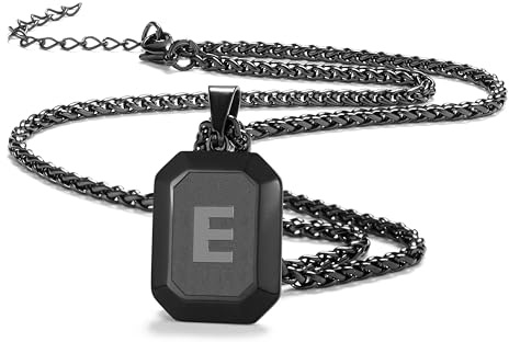 Männer Herren Edelstahl Halskette Mit Alphabet Schmuck Geschenke | Silber Schwarz Gold Quadrat Hundemarke Initial Monogramm A-Z Kette für Jungen 20 + 2 Zoll Weizen Kette Unisex